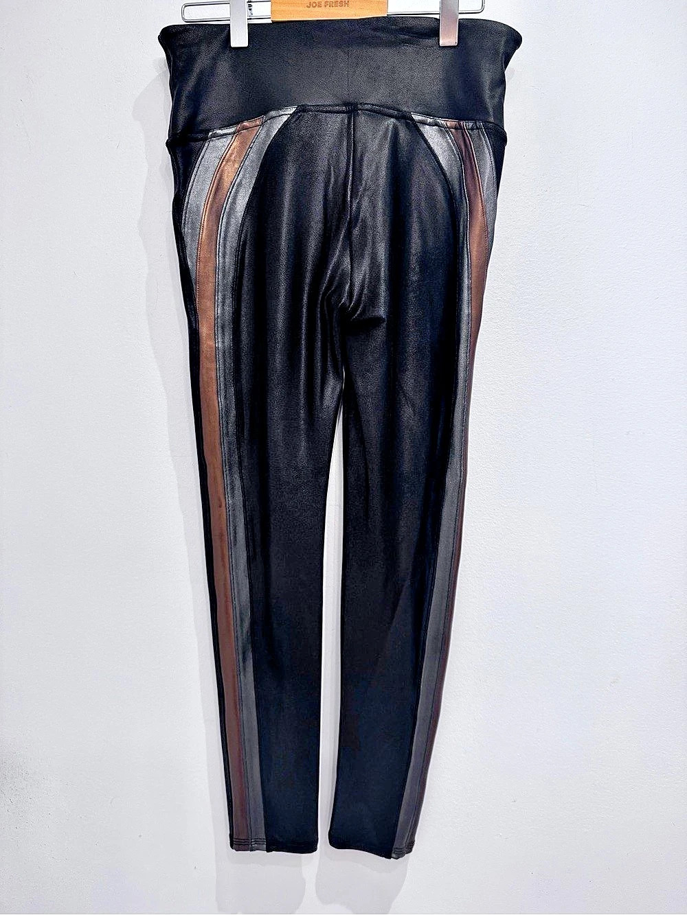 Spanx Faux Leather Metallic Track Stripe Leggings Silver Brown Gold medium